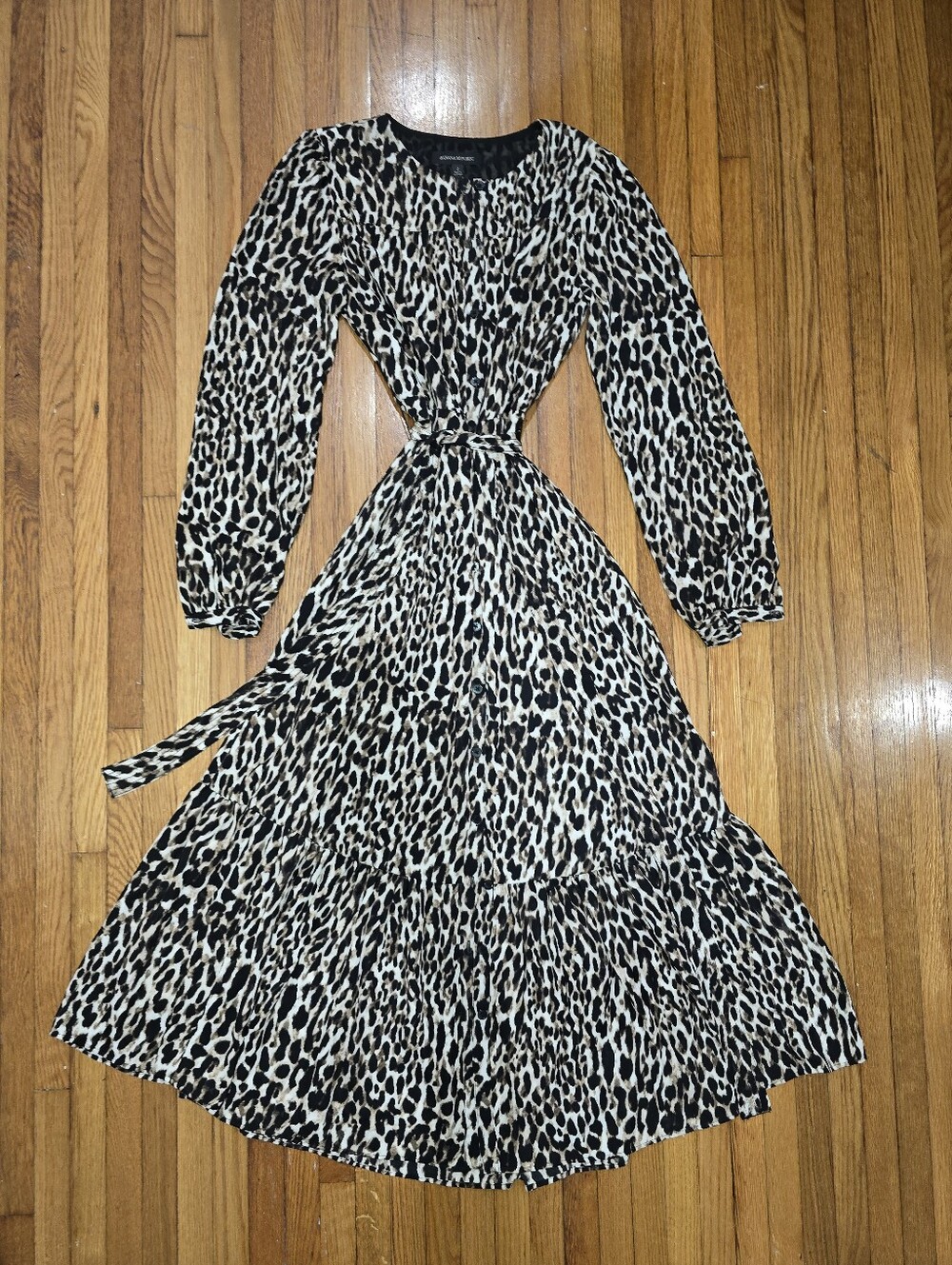 Banana Republic Black & Cream Leopard Print Long Sleeve Midi Dress
